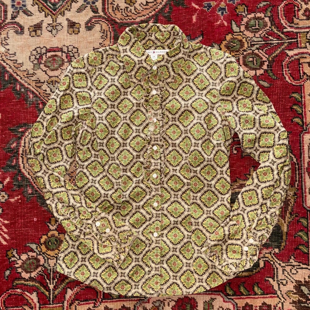 Tommy Hilfiger Ruffle Button‎ Down Shirt Womens Small Green Medallion MINT!!